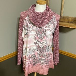 One world Maroon heather and pink paisley cowl neck sweater top size small